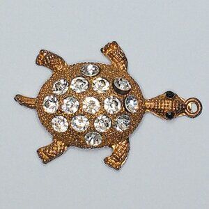 Golden Turtle Pendant, gold color, white rhinestone, shiny crystals details